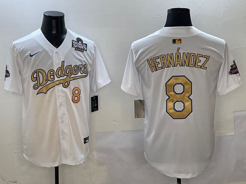 Men Los Angeles Dodgers 8 Hernandez White Champion gold character 2025 Nike MLB Jersey style 3